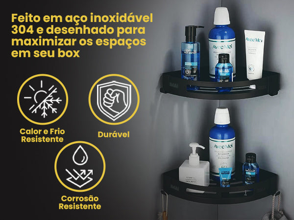 Banner mobile do Organizador de Canto LUMAI em aço inoxidável 304 instalado no box, resistente a calor, frio e corrosão, durável para uso diário.