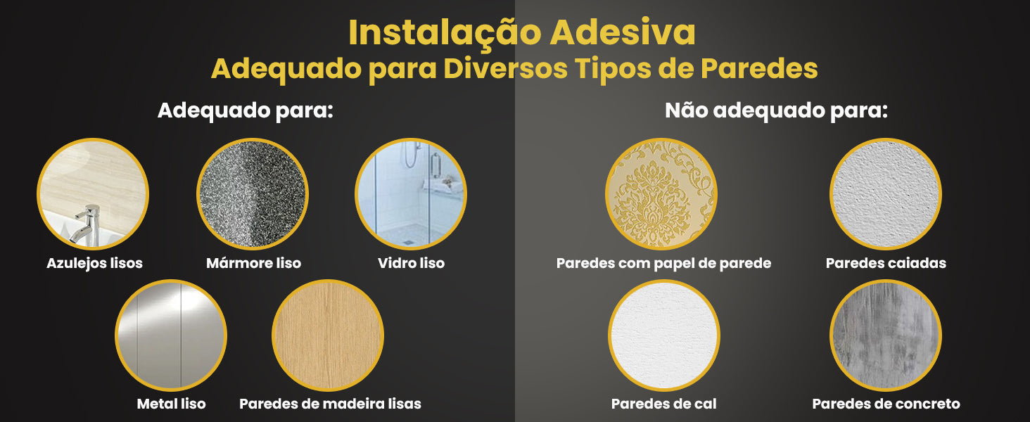 Banner horizontal do Organizador de Canto LUMAI mostrando tipos de parede compatíveis e não compatíveis para instalação adesiva: azulejos, mármore, vidro, metal e madeira lisas.