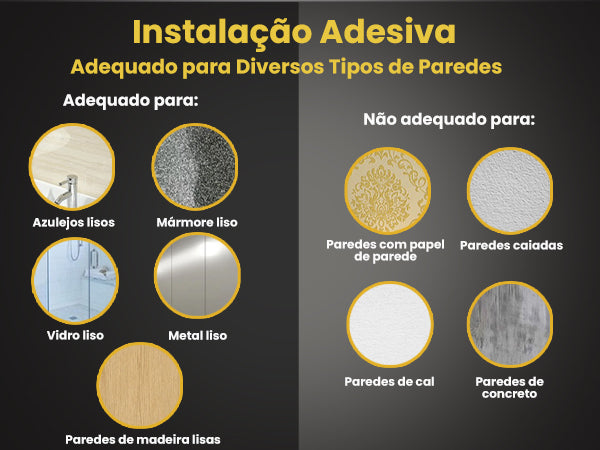 Banner mobile do Organizador de Canto LUMAI mostrando superfícies compatíveis com instalação adesiva: azulejos, mármore, vidro, metal e madeira lisas.