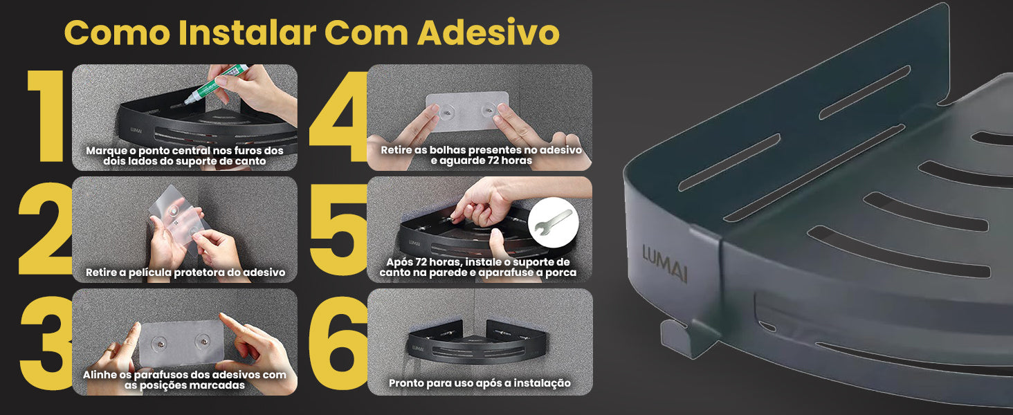 Banner horizontal do Organizador de Canto LUMAI mostrando 6 passos de instalação com adesivo, produto cinza com logo LUMAI visível.