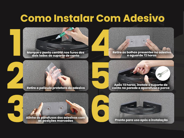 Banner mobile do Organizador de Canto LUMAI mostrando 6 passos de instalação com fita adesiva, com aguardar 72 horas para cura completa, fundo preto e amarelo.