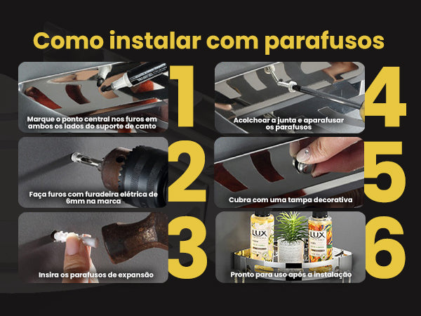 Banner mobile do Organizador de Canto LUMAI mostrando 6 passos de instalação com parafusos e tampa decorativa incluída, fundo preto e amarelo.