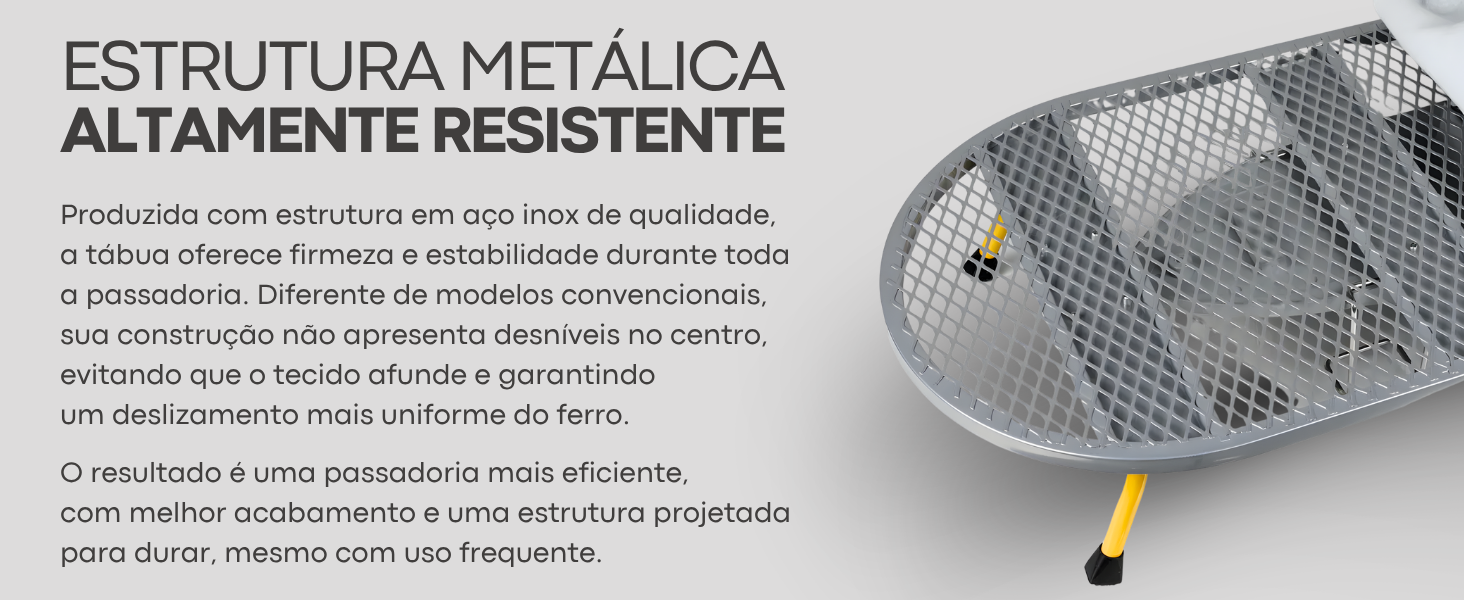 Banner horizontal da passadoria Lumai destacando estrutura metálica em aço inox altamente resistente, com foto do produto e texto sobre firmeza, estabilidade e acabamento uniforme.