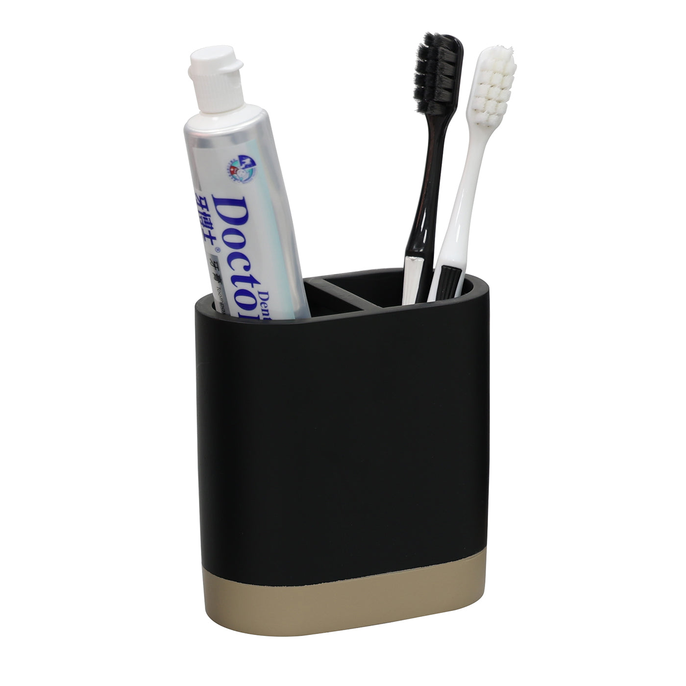 Porta-escovas de dentes em resina preto com base dourada contendo escovas e creme dental