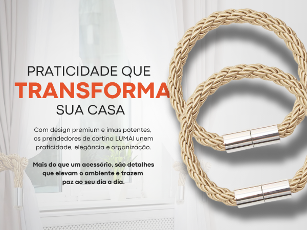 Banner mobile dos Prendedores de Cortina LUMAI dourados com a frase Praticidade que Transforma sua Casa e destaque do design premium com ímãs potentes