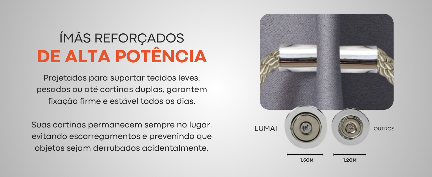 Banner horizontal dos Prendedores de Cortina LUMAI destacando ímãs reforçados de alta potência com comparação de tamanho entre LUMAI e concorrentes