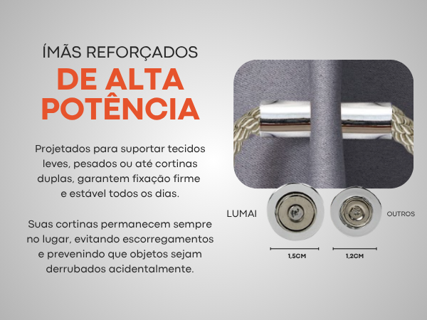 Banner mobile dos Prendedores de Cortina LUMAI destacando ímãs reforçados de alta potência com comparação de tamanho entre LUMAI e concorrentes