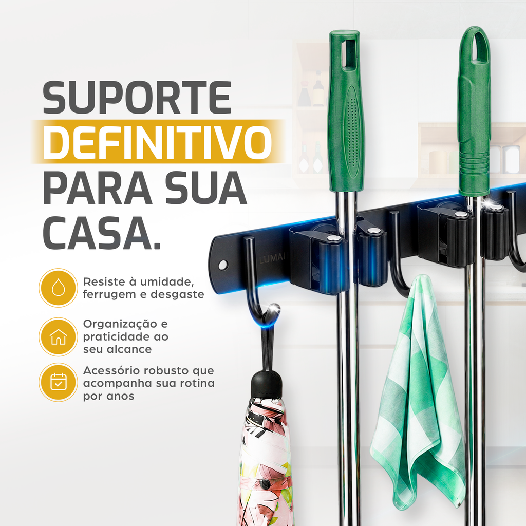 Suporte de vassoura Madri preto na parede com vassouras, pano e guarda-chuva