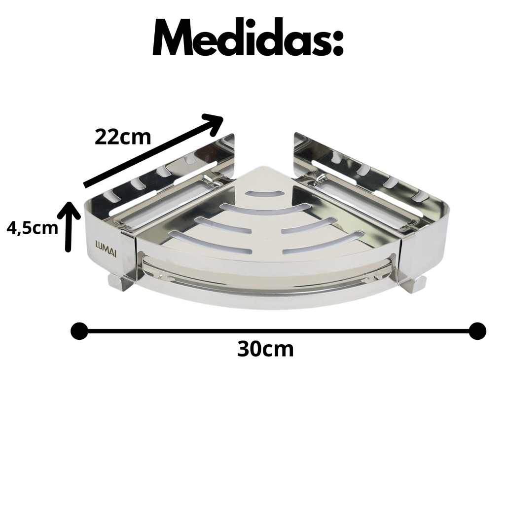 Medidas do porta-shampoo Cannes: 30 cm de frente, laterais de 22 cm e 4,5 cm de altura