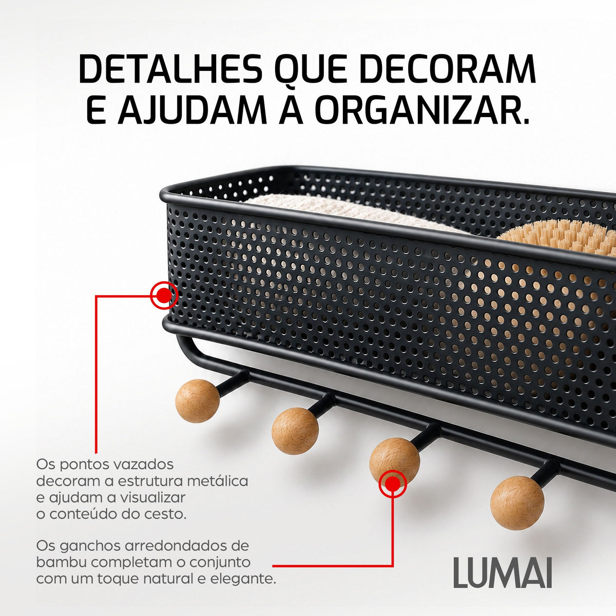 Detalhes do Gênova: cesto de metal vazado e ganchos arredondados de bambu