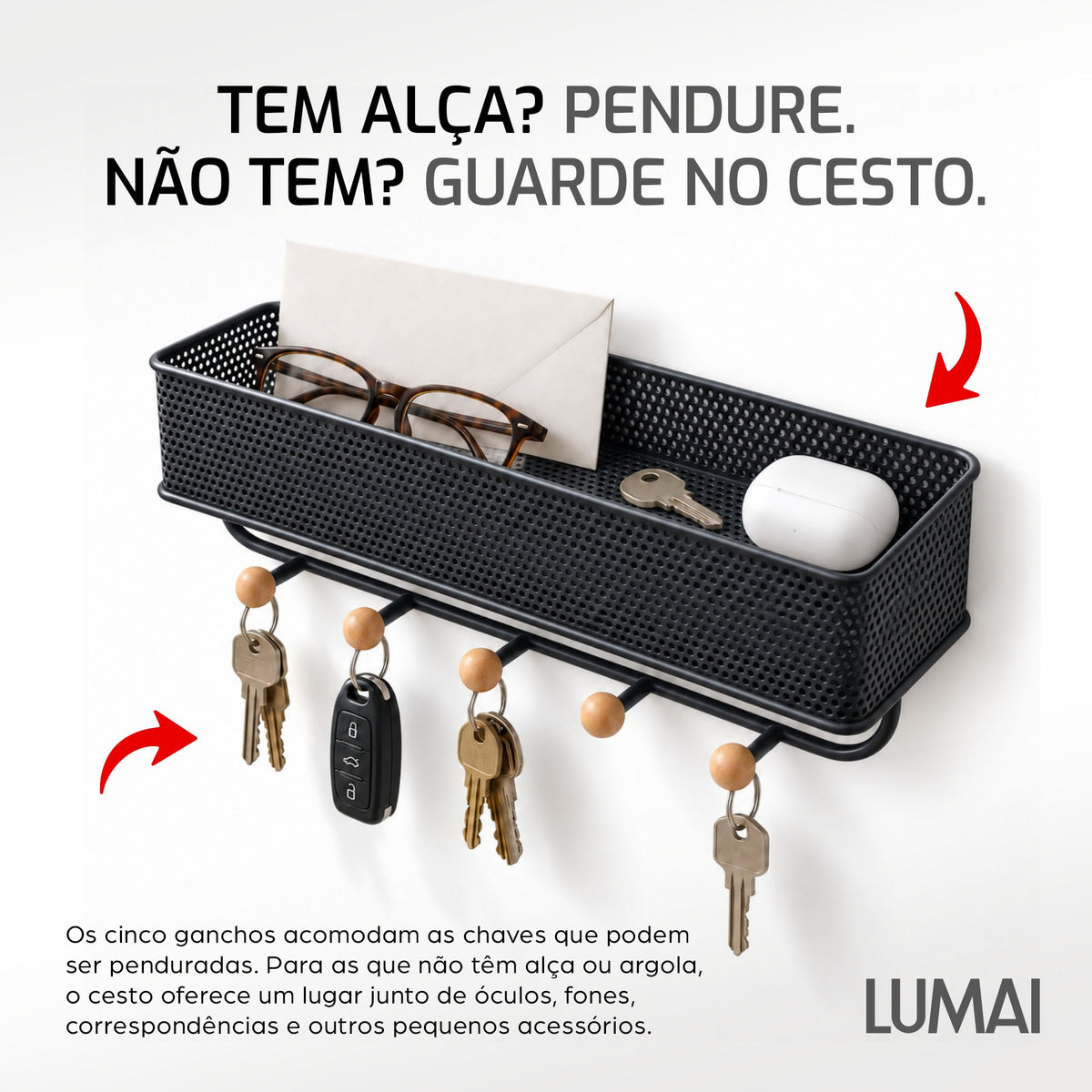 Porta-chaves Gênova preto: chaves nos ganchos e objetos sem alça no cesto