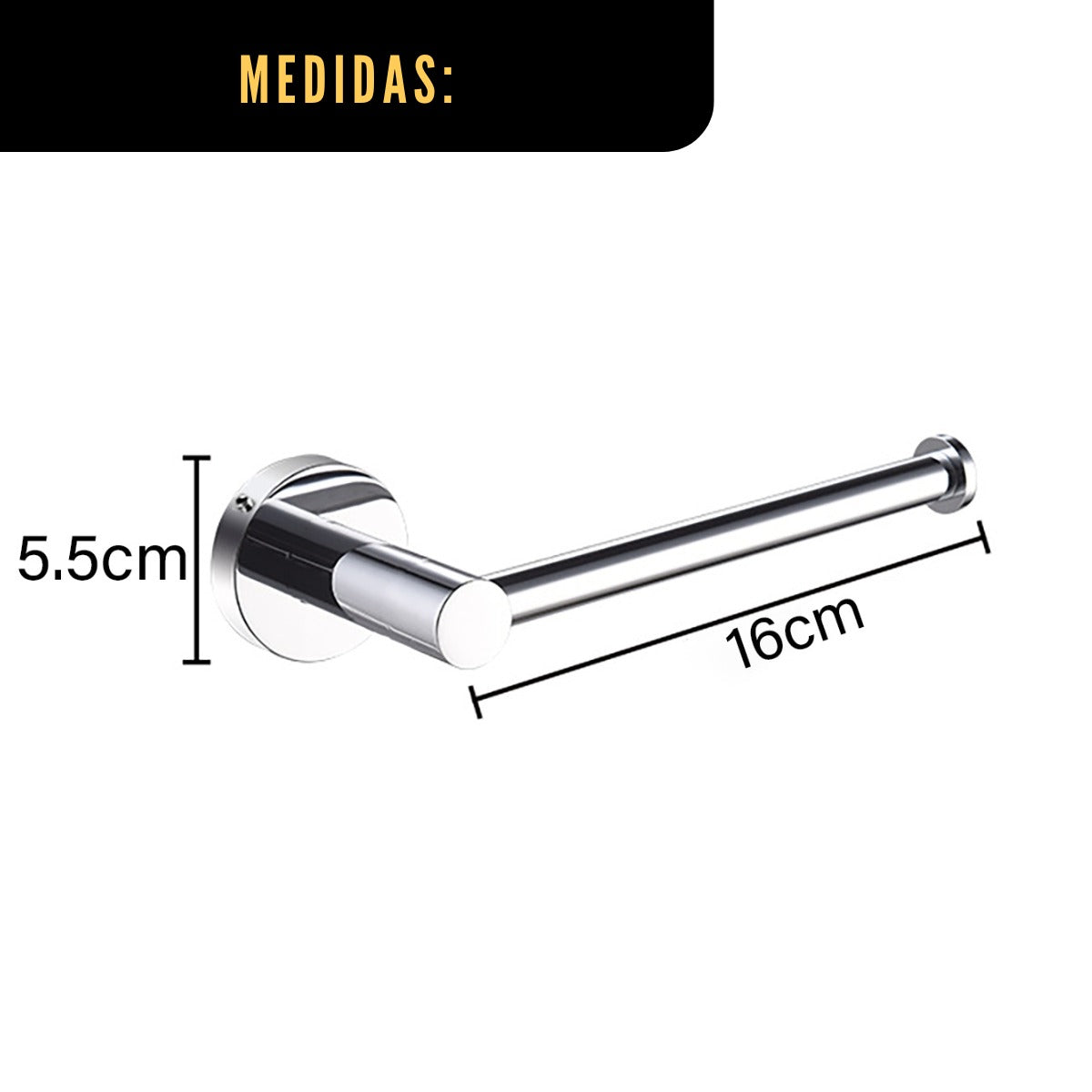 Medidas do porta-papel do kit: 16 cm de comprimento e base de 5,5 cm