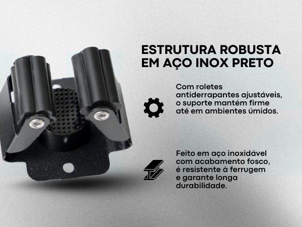 Banner mobile do suporte Lumai com título: Estrutura Robusta em Aço Inox Preto — com roletes antiderrapantes ajustáveis, feito em aço inoxidável com acabamento fosco, resistente à ferrugem e longa durabilidade.
