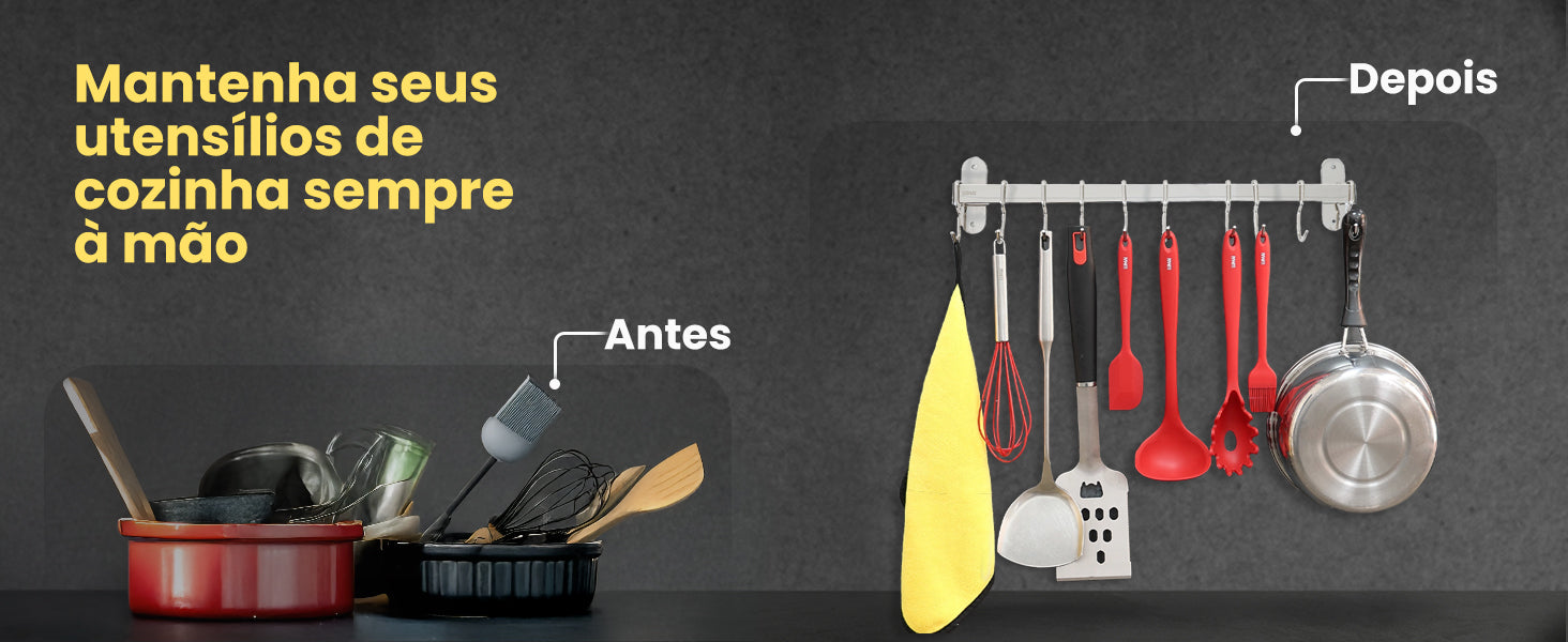 Comparação antes e depois do suporte Frankfurt organizando utensílios de cozinha na parede com ganchos