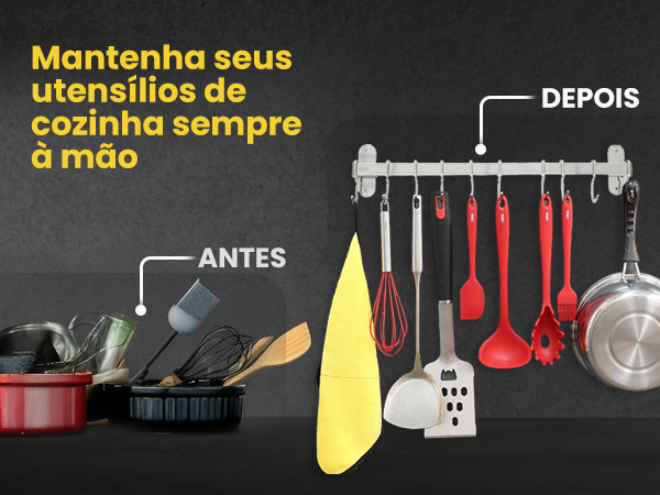 Imagem antes e depois do suporte Frankfurt mostrando organização de utensílios de cozinha com ganchos na parede