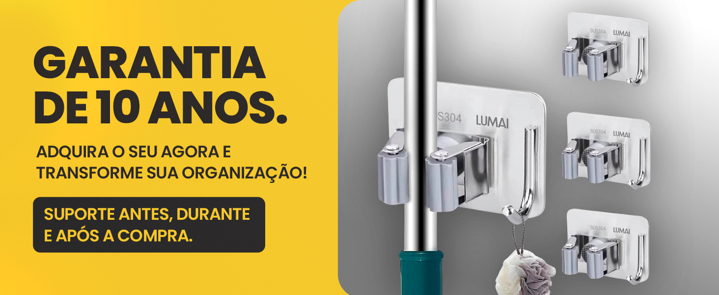 Banner garantia de 10 anos Lumai S304 mostrando múltiplos suportes Frankfurt com suporte antes durante e após a compra