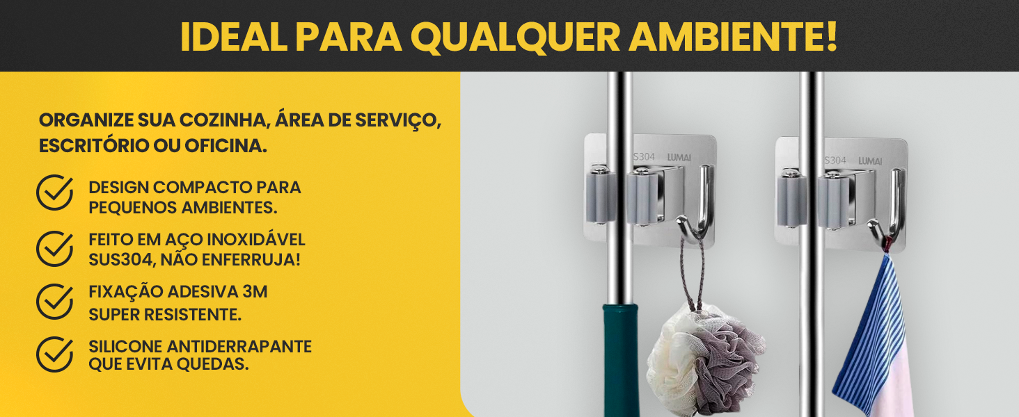 Banner do suporte Frankfurt ideal para cozinha escritório ou oficina em aço inox SUS304 com fixação 3M e silicone antiderrapante