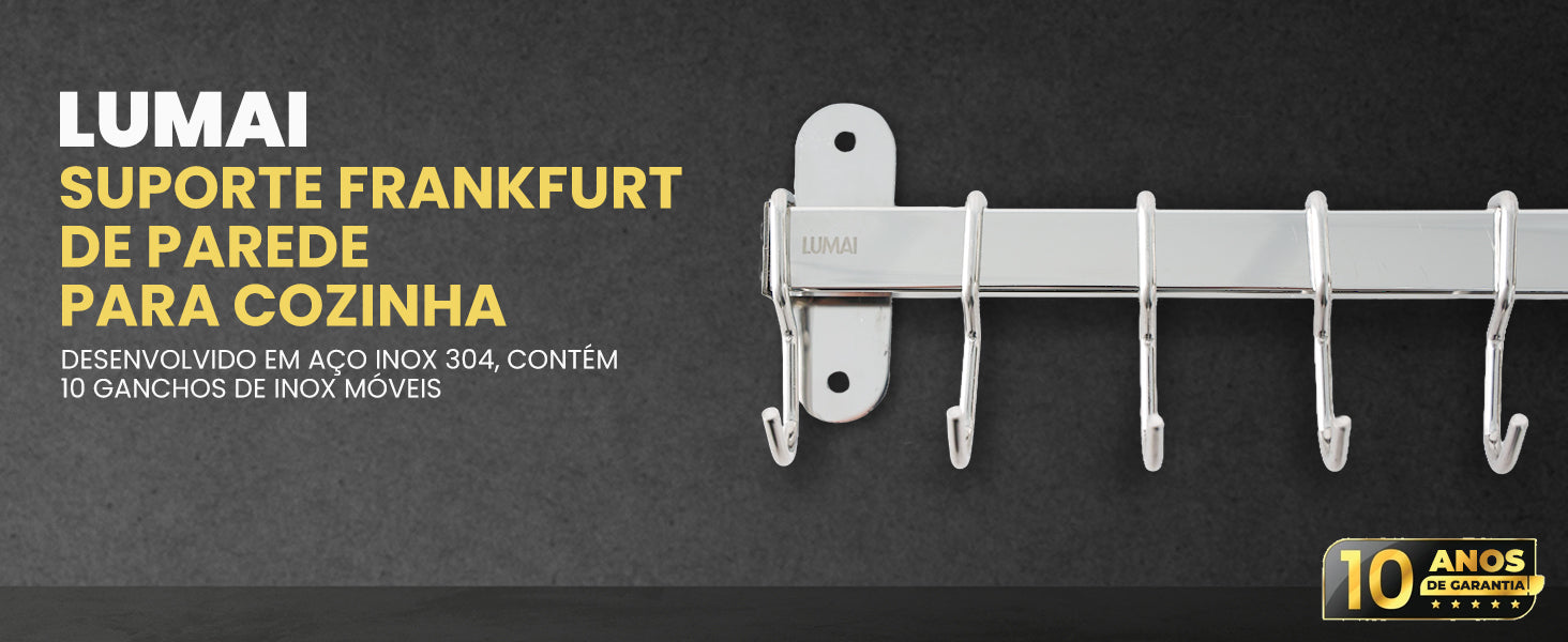 Suporte Frankfurt Lumai de parede para cozinha em aço inox 304 com 10 ganchos móveis e 10 anos de garantia