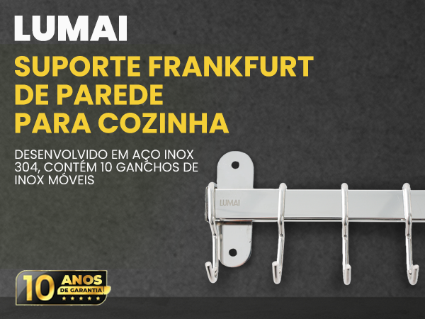 Suporte Frankfurt Lumai de parede para cozinha em aço inox 304 com 10 ganchos móveis e 10 anos de garantia