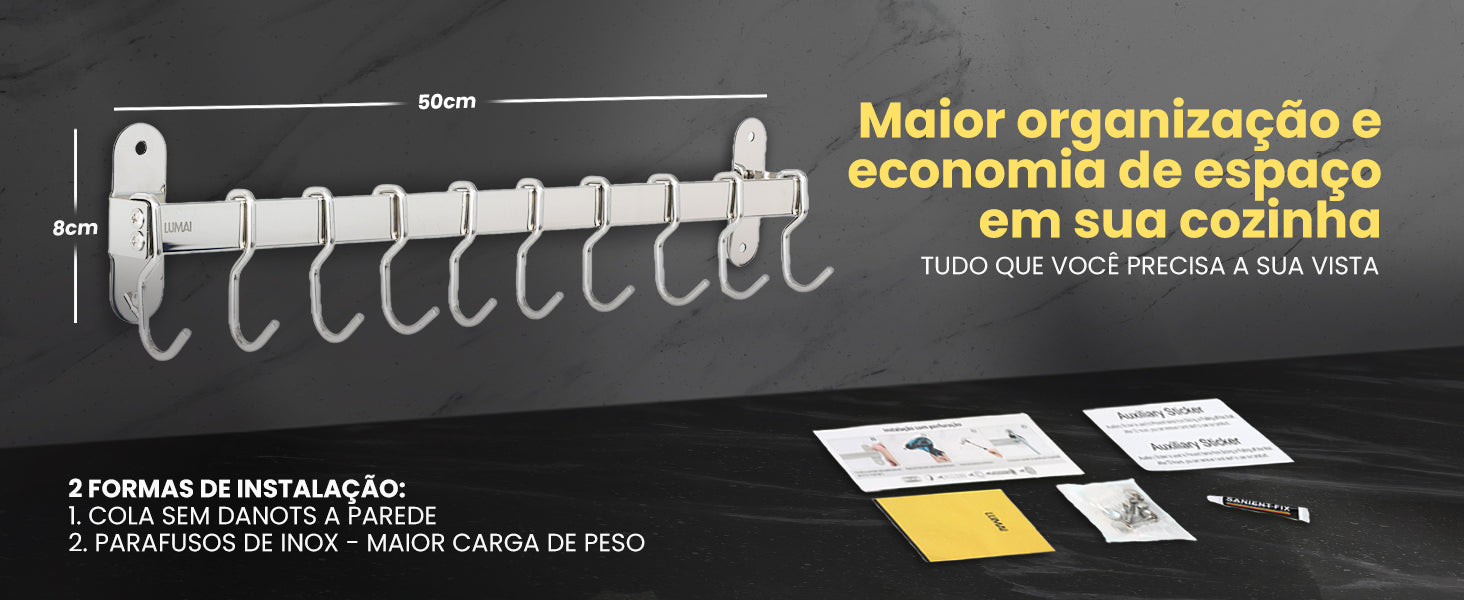 Banner do suporte Frankfurt 50cm para organização e economia de espaço na cozinha com múltiplos ganchos