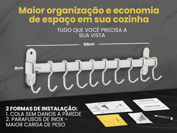 Banner do suporte Frankfurt organizador de cozinha 50cm com ganchos para utensílios e duas formas de instalação