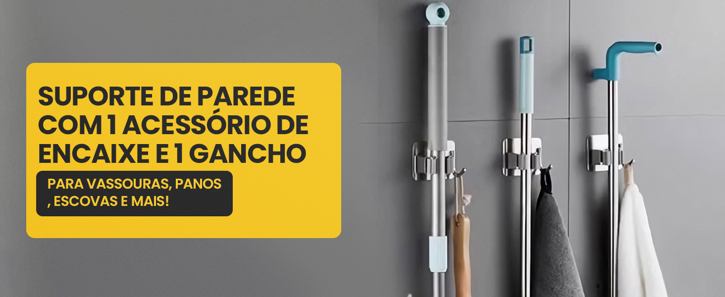 Banner do suporte de parede Lumai com 1 acessório de encaixe e 1 gancho, ideal para vassouras, panos e escovas, com foto do produto instalado em parede cinza.