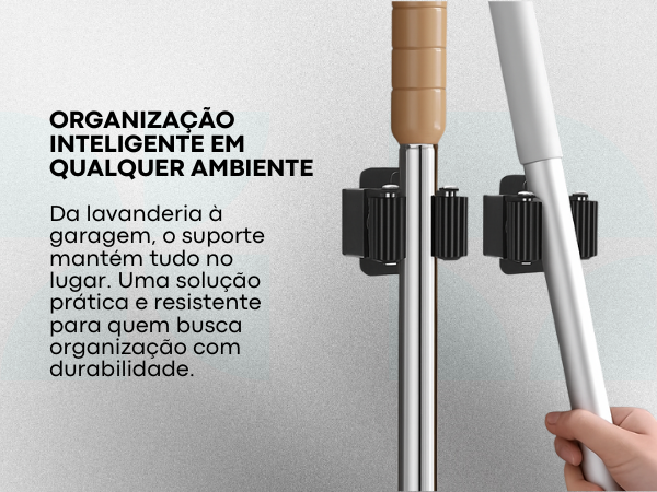 Banner mobile do suporte de vassouras Lumai com texto: Organização Inteligente em Qualquer Ambiente — da lavanderia à garagem, prático e resistente para quem busca organização com durabilidade.