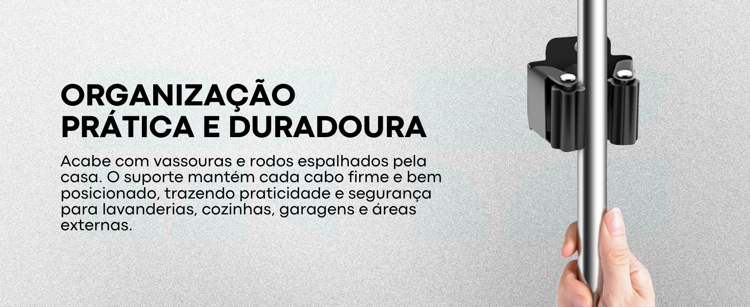 Banner do suporte Lumai para vassouras e rodos com texto: Organização Prática e Duradoura — acabe com vassouras espalhadas, praticidade para lavanderias, cozinhas e garagens.