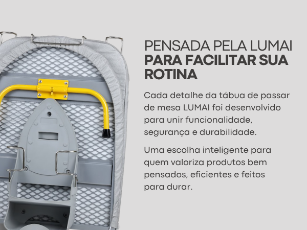 Banner mobile da Tábua de Passar de Mesa Lumai com imagem do produto dobrado e texto: Pensada pela Lumai para Facilitar sua Rotina, unindo funcionalidade, segurança e durabilidade.