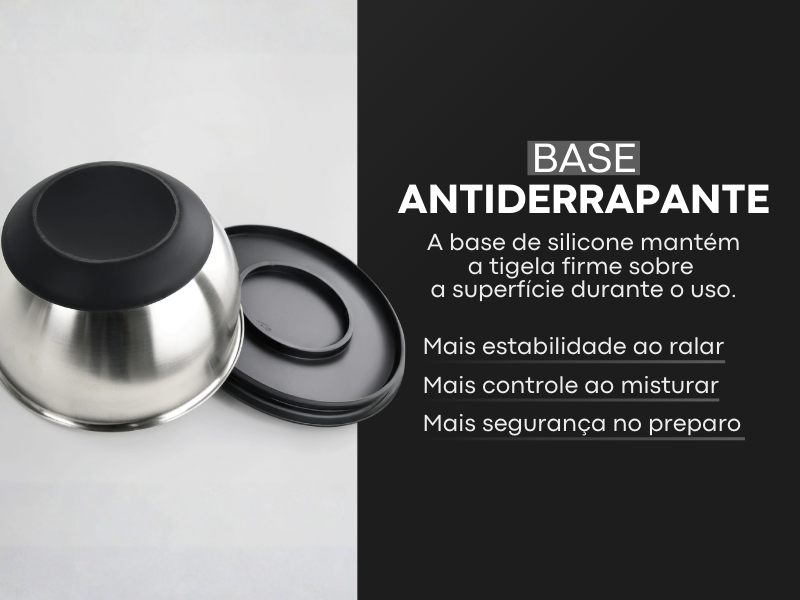 Banner quadrado da tigela de aço inox Lumai destacando base antiderrapante de silicone sobre fundo preto, com texto sobre estabilidade ao ralar, controle ao misturar e segurança no preparo.
