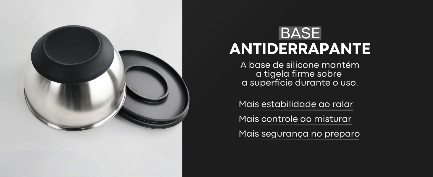 Banner da tigela de aço inox Lumai destacando base antiderrapante de silicone que mantém a tigela firme durante o uso, com mais estabilidade, controle e segurança no preparo.