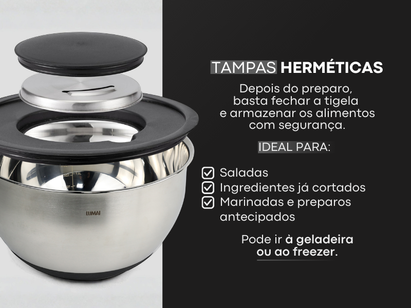Banner quadrado da tigela de aço inox Lumai com tampas herméticas sobre fundo preto, ideal para saladas, ingredientes cortados e marinadas. Pode ir à geladeira ou ao freezer.