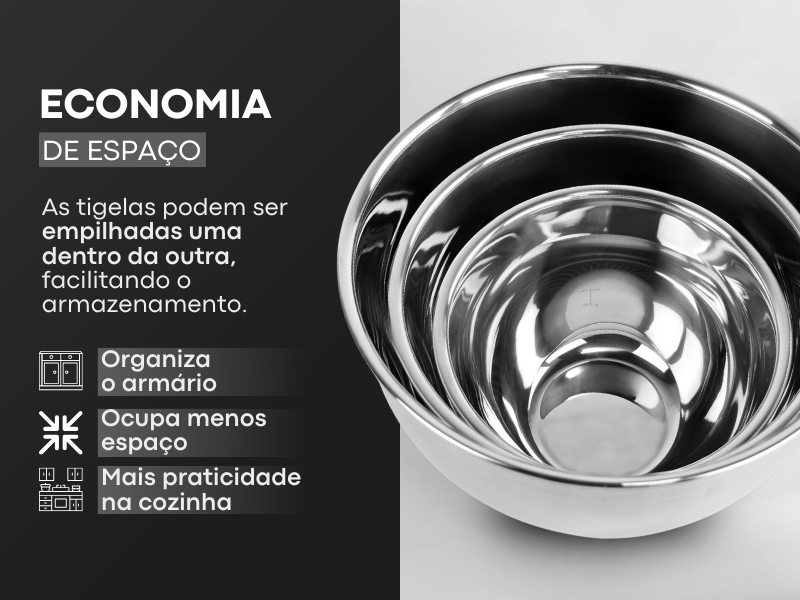 Banner quadrado das tigelas de aço inox Lumai empilháveis sobre fundo preto, destacando economia de espaço, organização do armário e praticidade na cozinha.