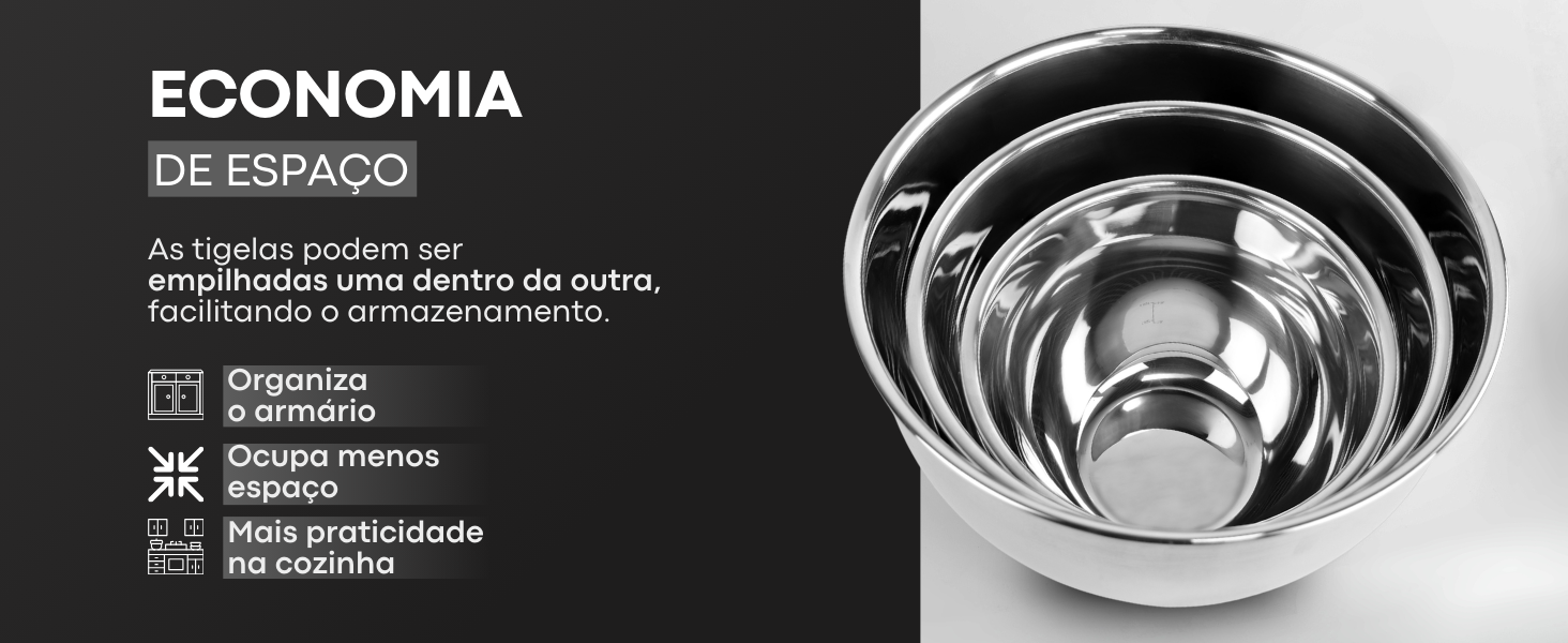 Banner das tigelas de aço inox Lumai empilháveis destacando economia de espaço, organização do armário e mais praticidade na cozinha, com foto das tigelas encaixadas.