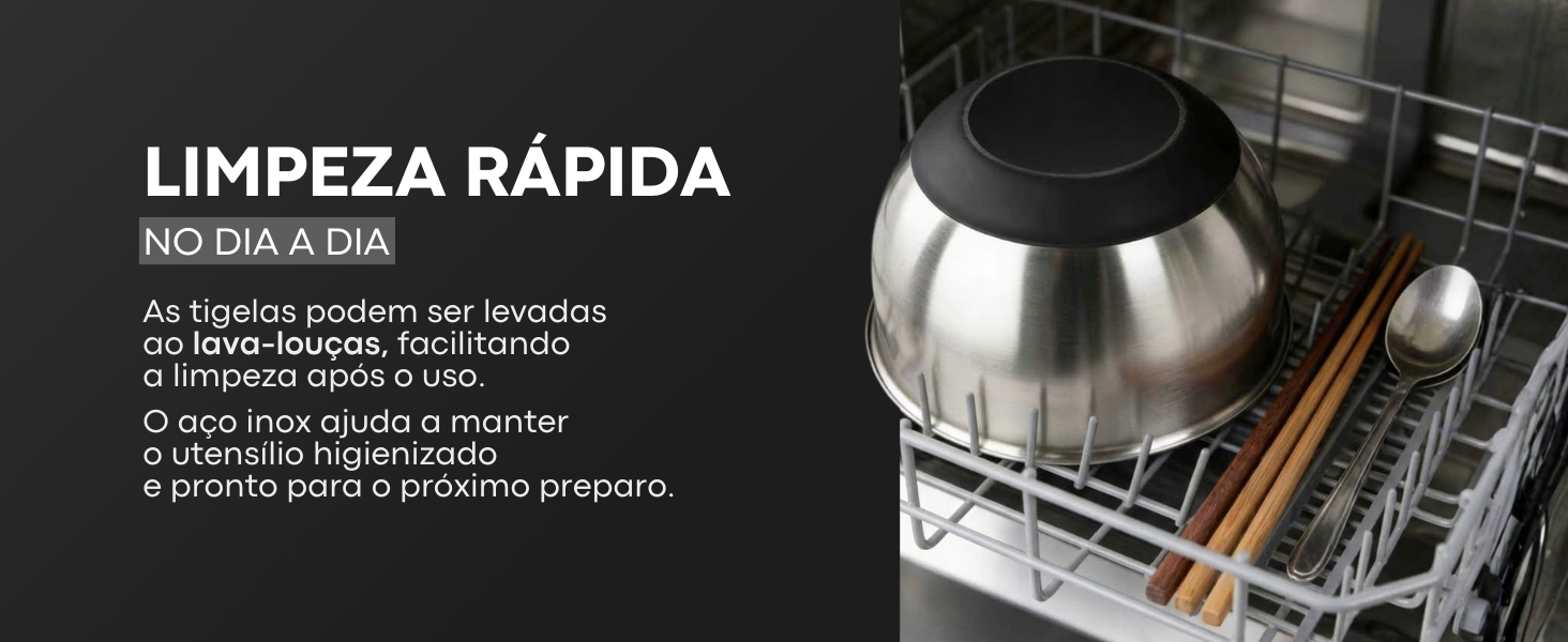 Banner horizontal das tigelas de aço inox Lumai destacando limpeza rápida no dia a dia, com foto de tigelas no lava-louças e texto sobre facilidade de higienização.