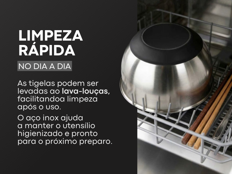 Banner quadrado das tigelas de aço inox Lumai sobre fundo preto destacando limpeza rápida no dia a dia, com foto de tigela no lava-louças e texto sobre higienização facilitada.