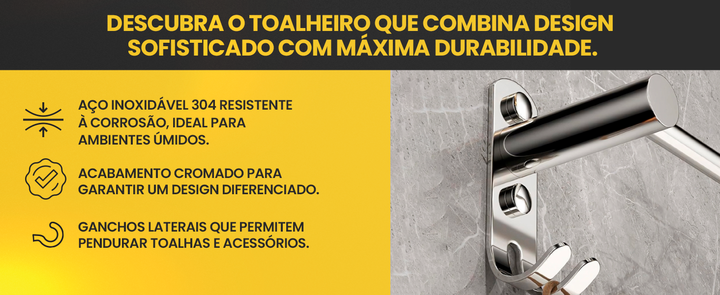 Banner do toalheiro de aço inoxidável 304 com design sofisticado e máxima durabilidade, com ganchos laterais
