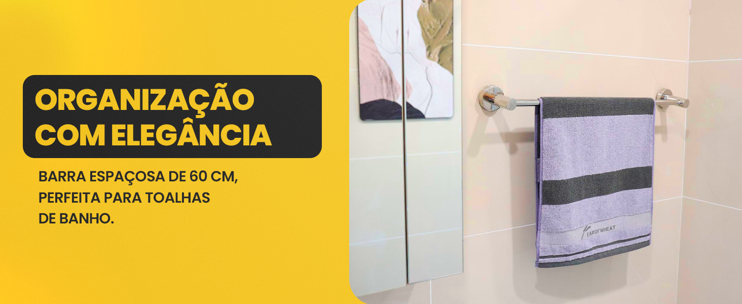 Banner da barra toalheiro 60cm em banheiro com toalha pendurada, organização com elegância