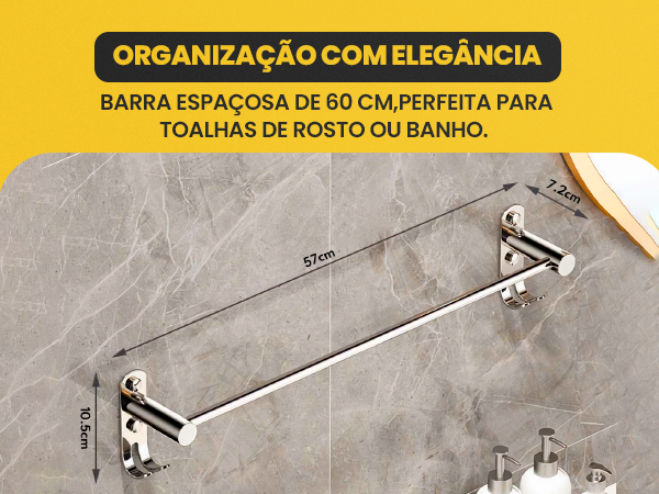 Banner da barra toalheiro 60cm cromada para toalhas de rosto ou banho com dimensões destacadas