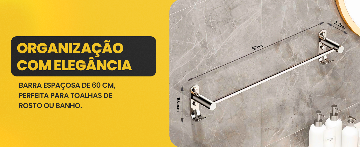 Banner do toalheiro barra cromada 60cm para toalhas de rosto ou banho com texto organização com elegância