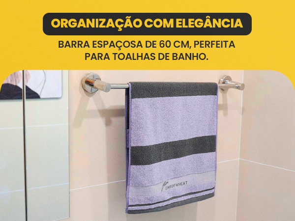 Banner do toalheiro barra 60cm cromado com toalha cinza em banheiro real, organização com elegância