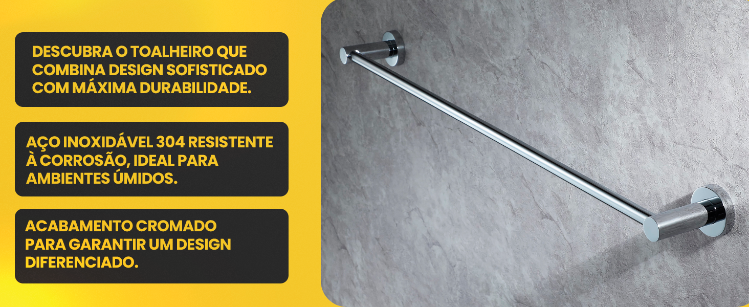 Banner do toalheiro barra única de aço inoxidável 304 cromado com design sofisticado e resistência à corrosão
