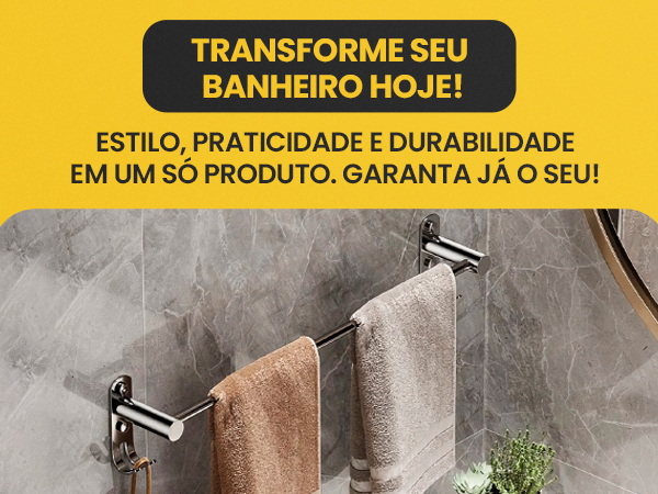 Banner do toalheiro duplo cromado com texto estilo praticidade e durabilidade em um só produto