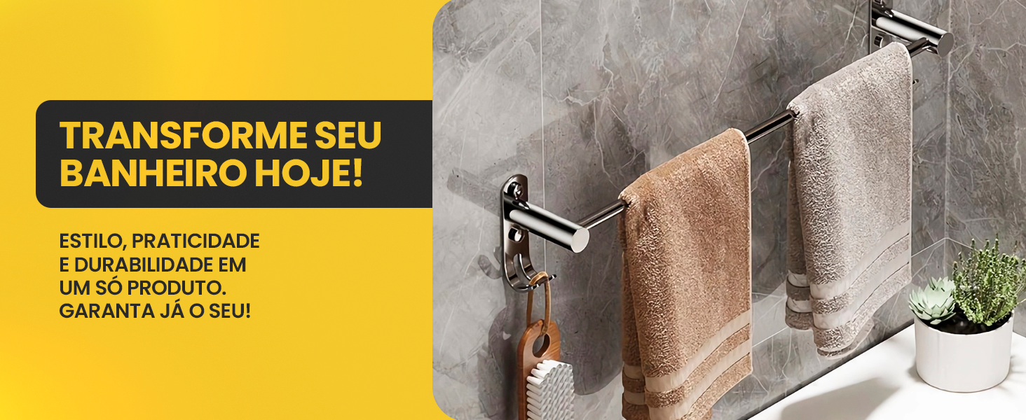 Banner do toalheiro duplo cromado com toalhas penduradas e texto transforme seu banheiro com estilo e praticidade