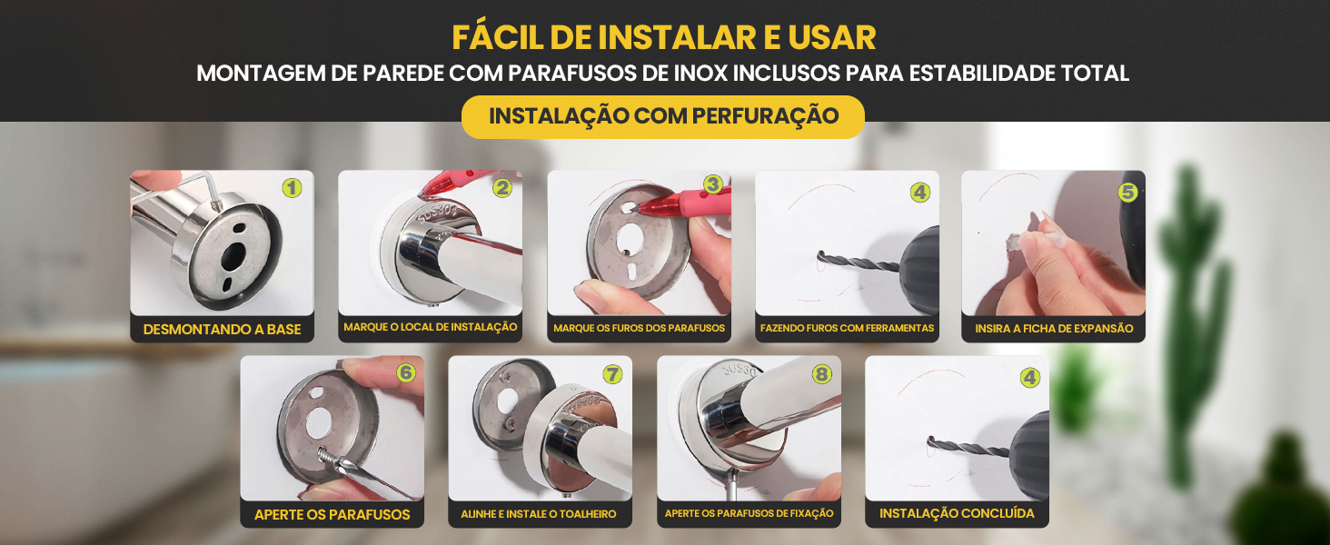 Guia passo a passo de instalação do toalheiro com perfuração e parafusos de inox para montagem em parede