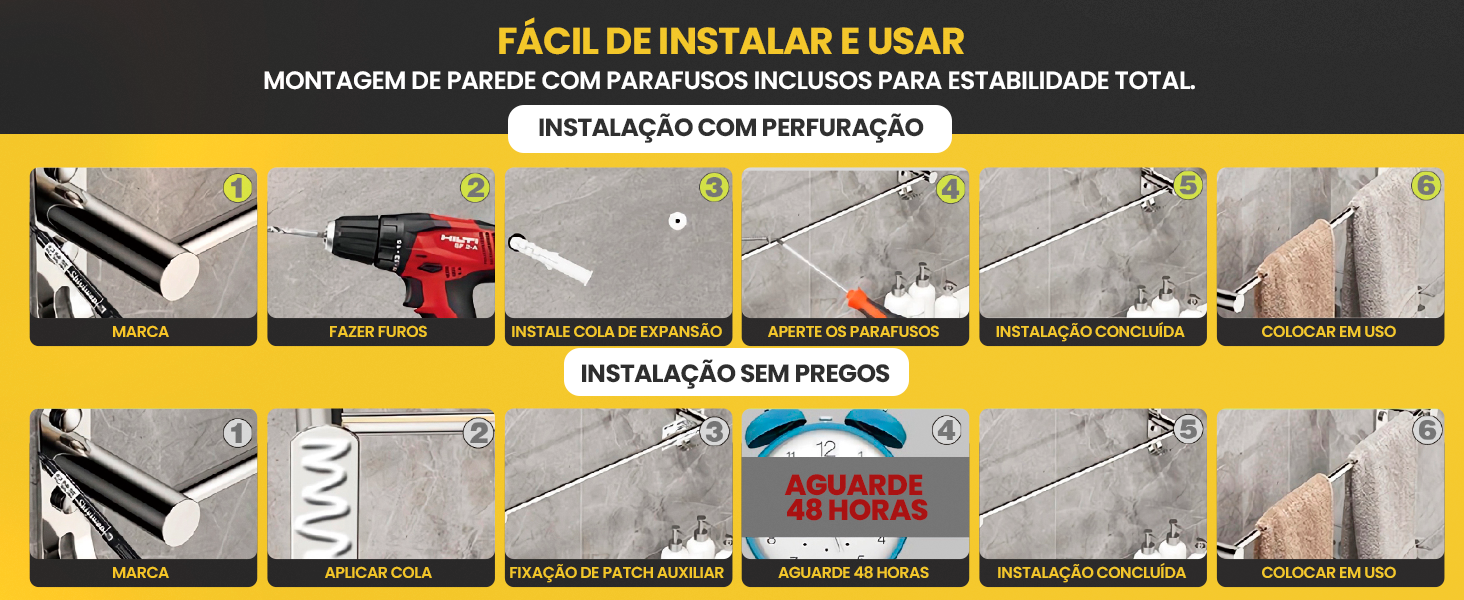 Guia de instalação do toalheiro com passo a passo para montagem com parafusos ou sem pregos