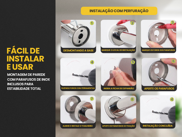 Guia de instalação com perfuração do toalheiro mostrando desmontagem da base, furos e parafusos de inox
