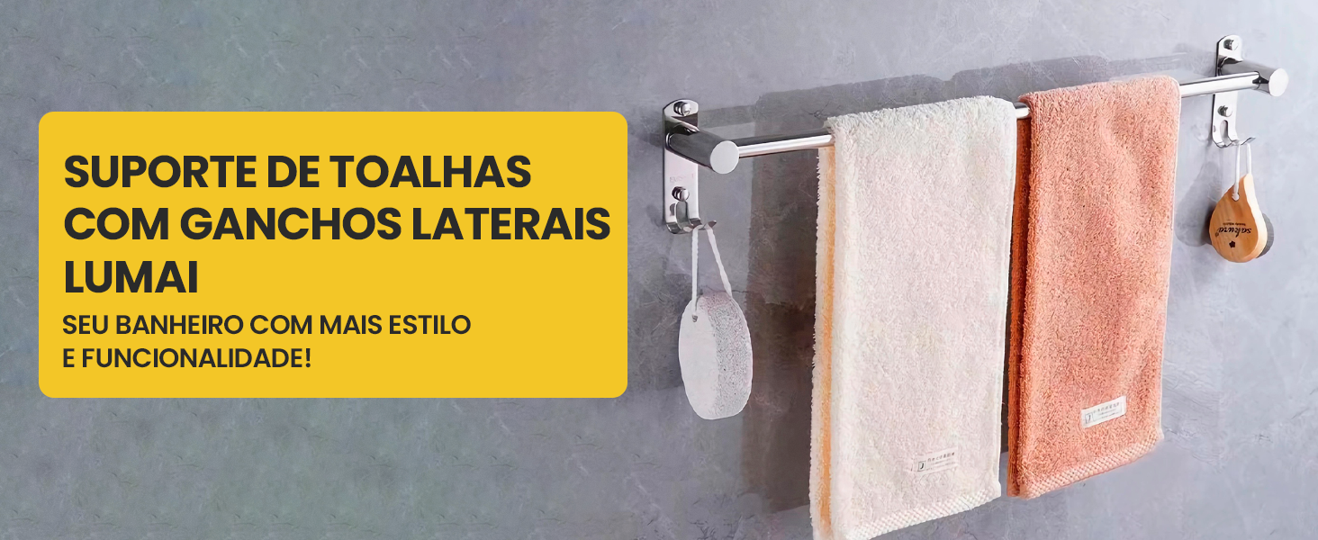 Banner do suporte de toalhas Lumai com ganchos laterais e toalhas penduradas em banheiro moderno