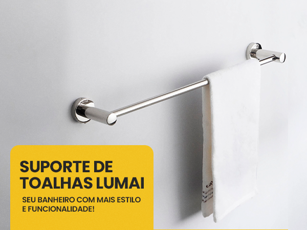 Banner do suporte de toalhas Lumai com barra cromada e toalha branca dobrada em parede branca