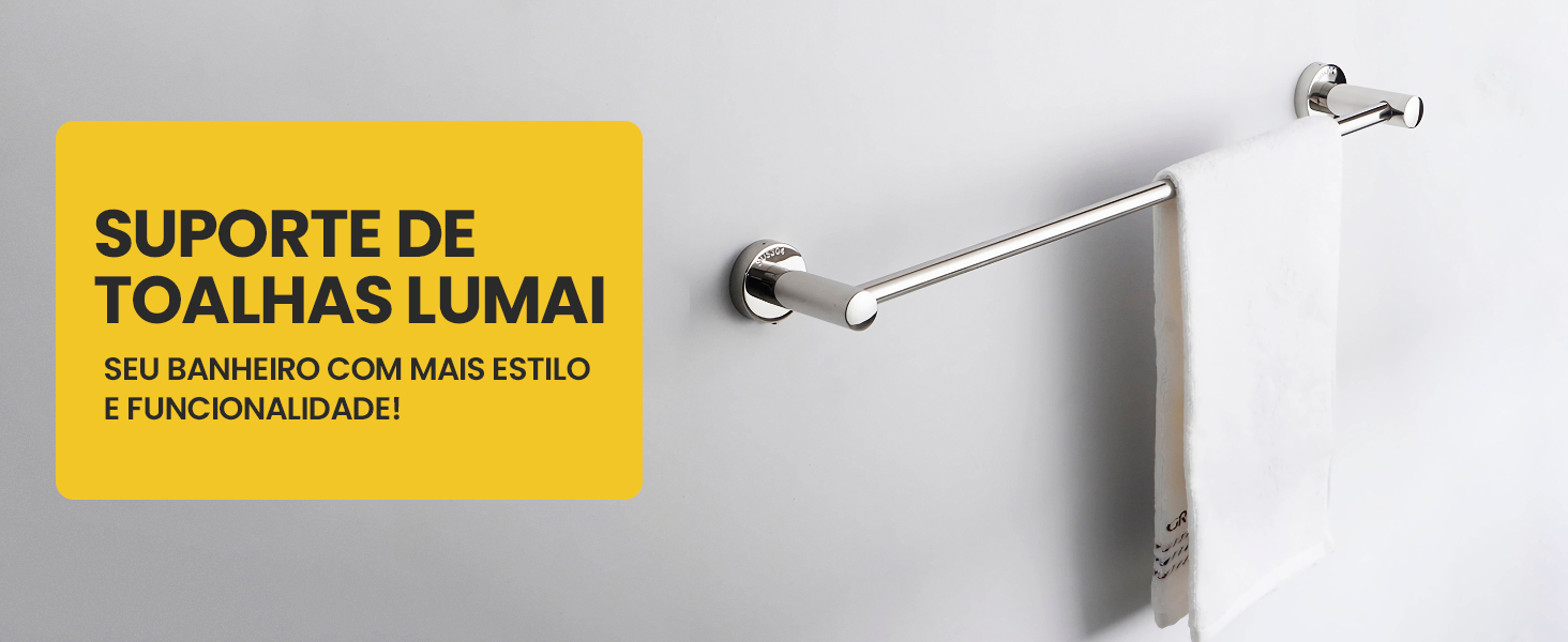 Banner do suporte de toalhas Lumai com barra cromada e toalha branca em banheiro minimalista